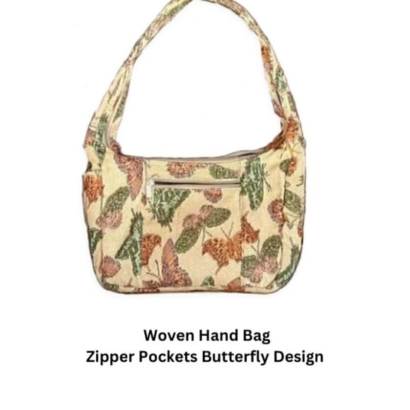 Tapestry Woven Handbag Butterfly Design Zipper Pockets OS - Picture 1 of 7